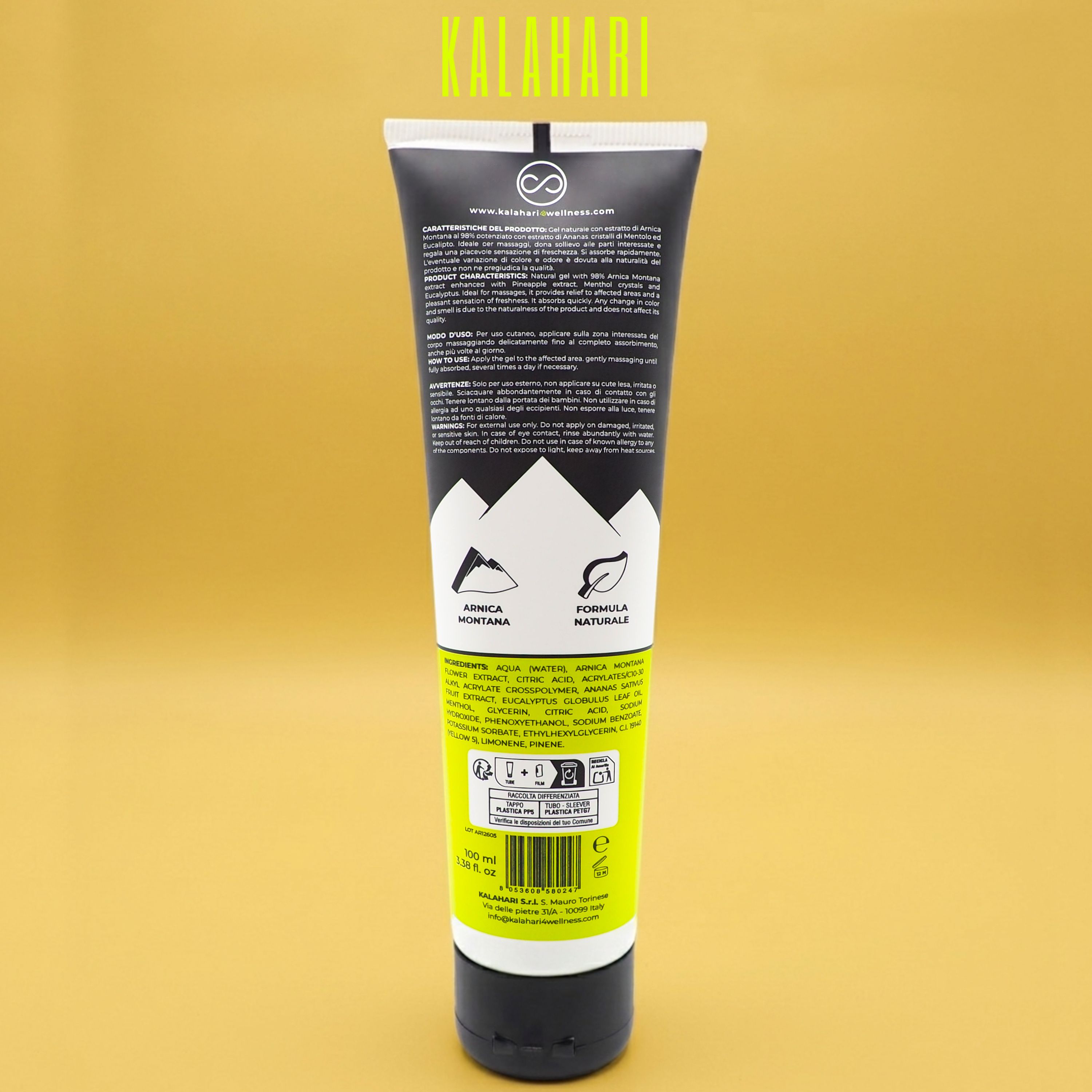 Rückseite einer Tube "Arnica 98% Estrema" mit Inhaltsstoffen und Zertifizierungen.