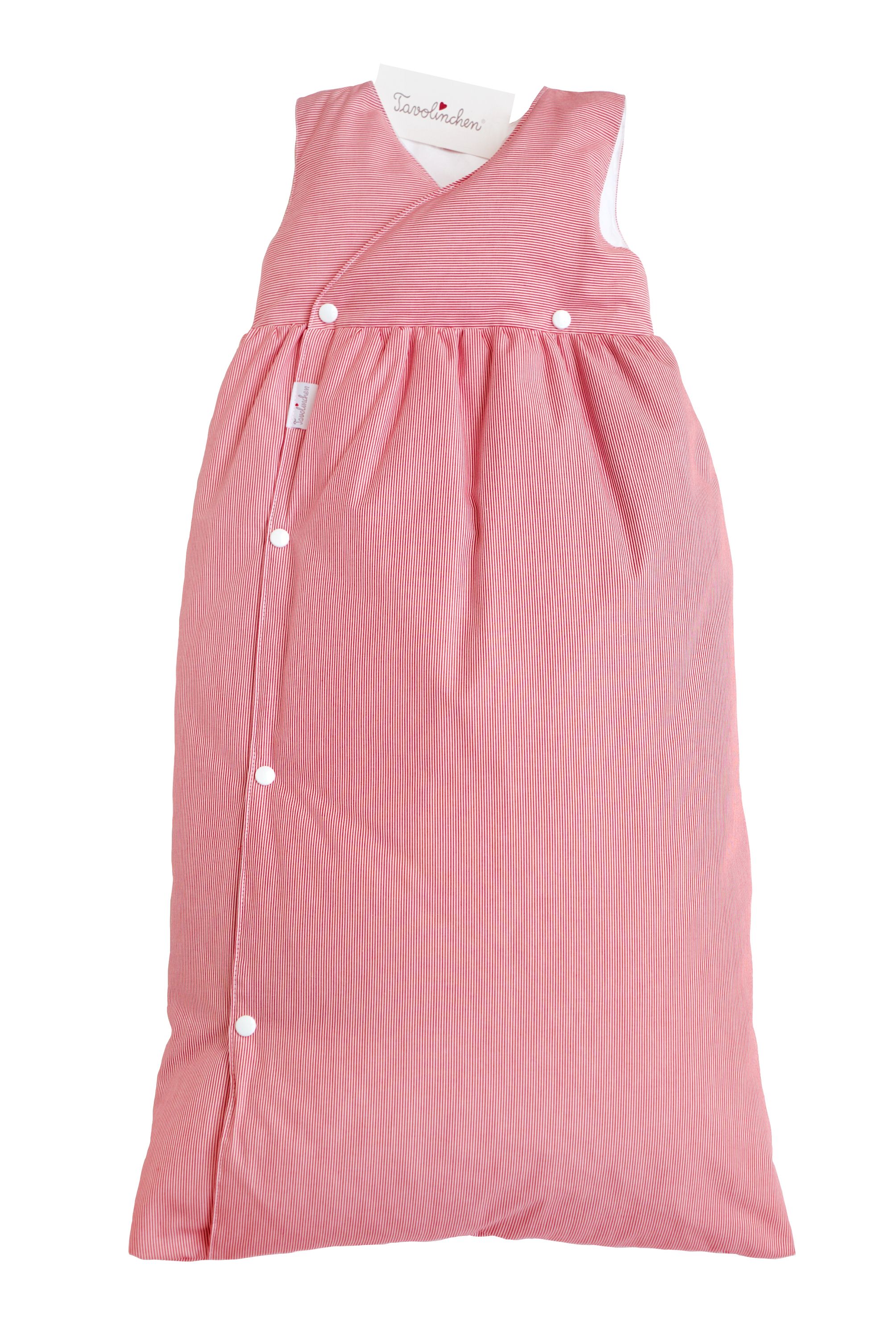 Schlafsack mit roten Streifen und Knöpfen. Weißes Innenfutter. Etikett mit Logo.