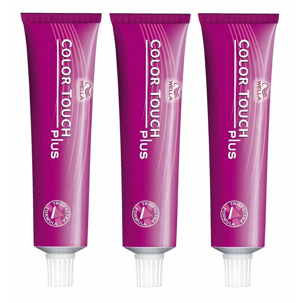 Drei Tuben Wella Color Touch Plus. Rosa-lila Farbton. Weißer Schraubverschluss. Text: Color Touch Plus, Wella, Trispactra Formula.