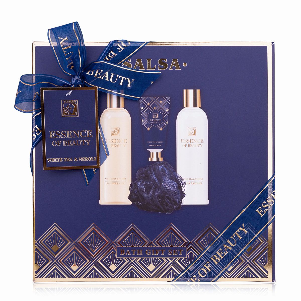 Geschenkset mit Flaschen, Tube und Badeschwamm. Blaue Verpackung mit Schleife. Aufschrift: Essence of Beauty.