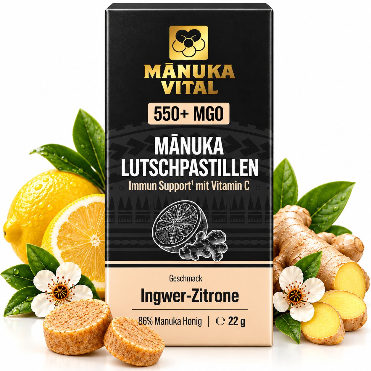 Manuka Vital Lutschpastillen MGO 550+ mit Ingwer-Zitrone & Vitamin C 22 g