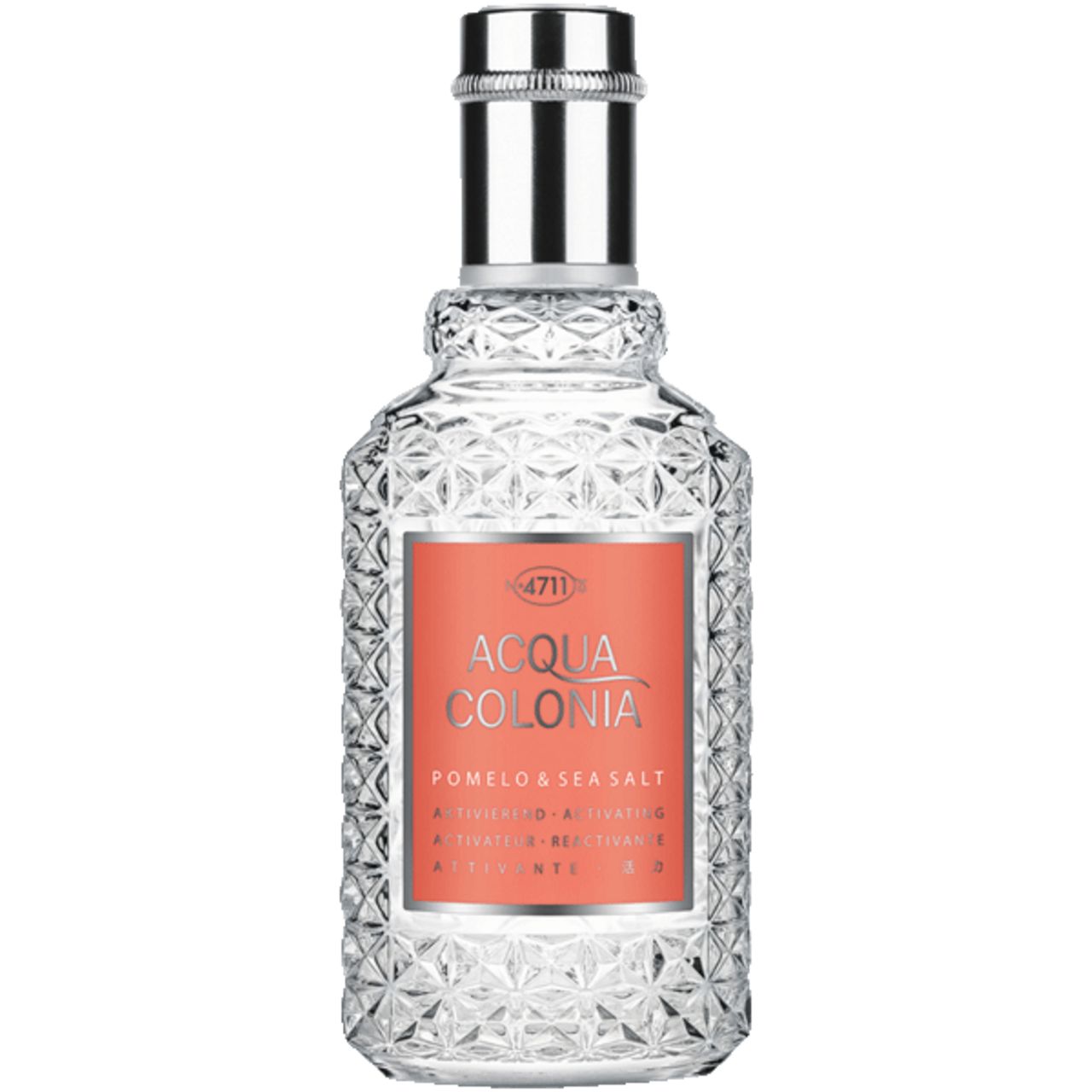 Klarer Flakon mit silbernem Verschluss. Aufkleber mit Text: Acqua Colonia, Pomelo & Sea Salt. Geätztes Glasdesign.