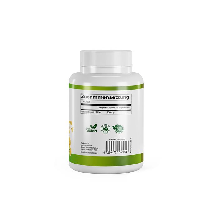Weiße Flasche mit grünem Etikett. Aufschrift: Zusammensetzung, Vegan, Ginkgo biloba. Barcode.