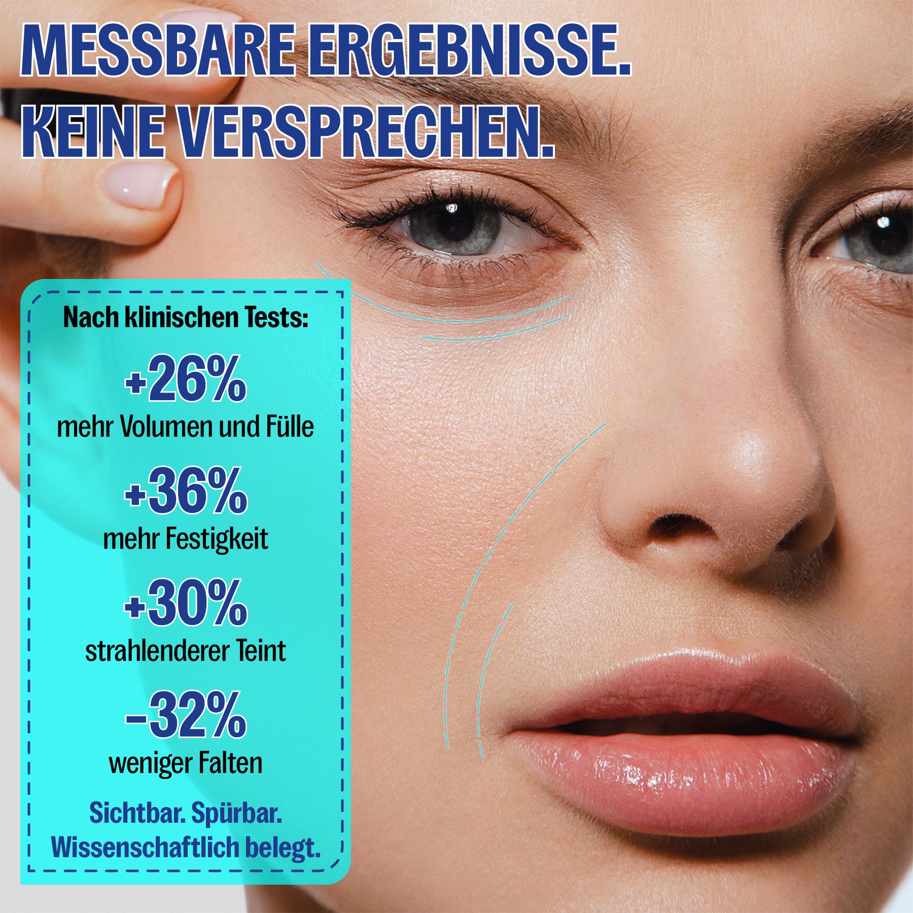 Ergebnisse klinischer Tests für TivLon Stem Cell Anti-Aging Ampulle: mehr Volumen, Festigkeit, strahlenderer Teint, weniger Falten.