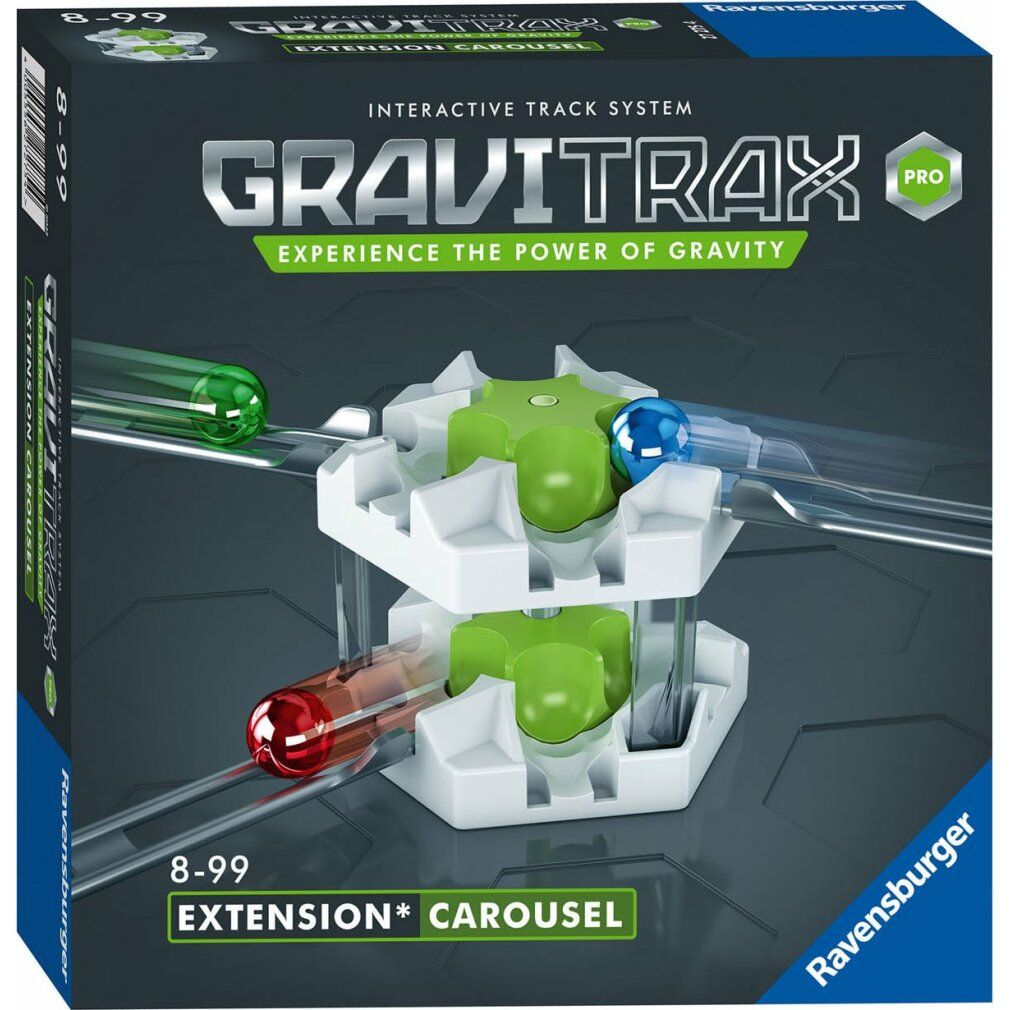 GraviTrax PRO Carousel. Weißes, sechseckiges Element mit grünen Teilen. Kugeln in transparenten Bahnen. Verpackung mit Logo und Text.