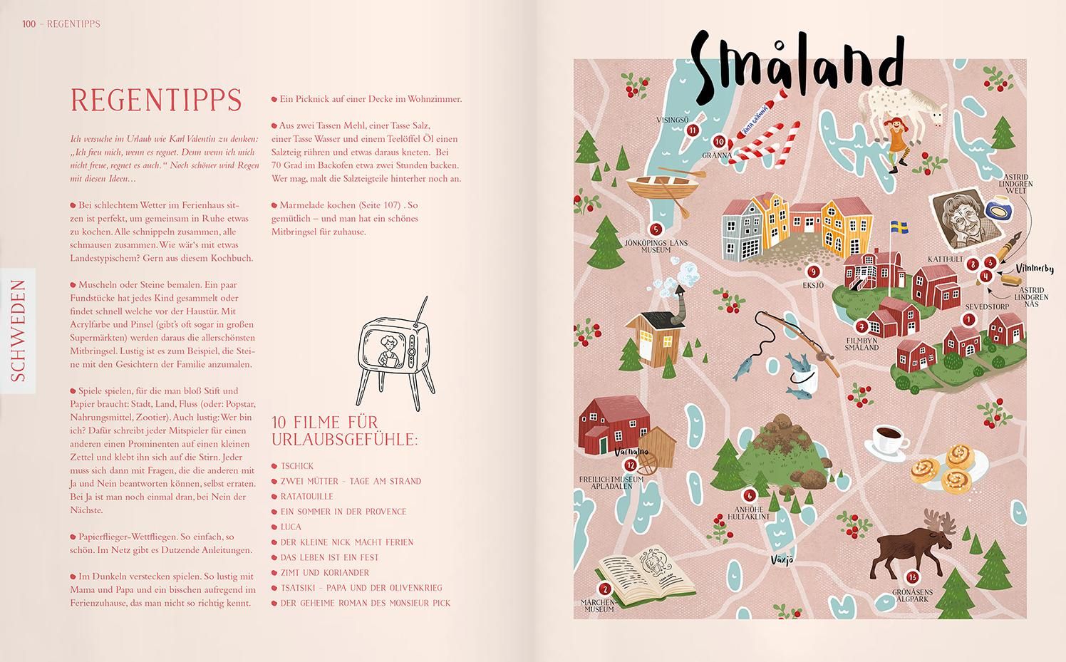 Buchseite mit Karte von Småland, Schweden. Illustrationen von Häusern, Seen, und einer Elch. Text in Deutsch.