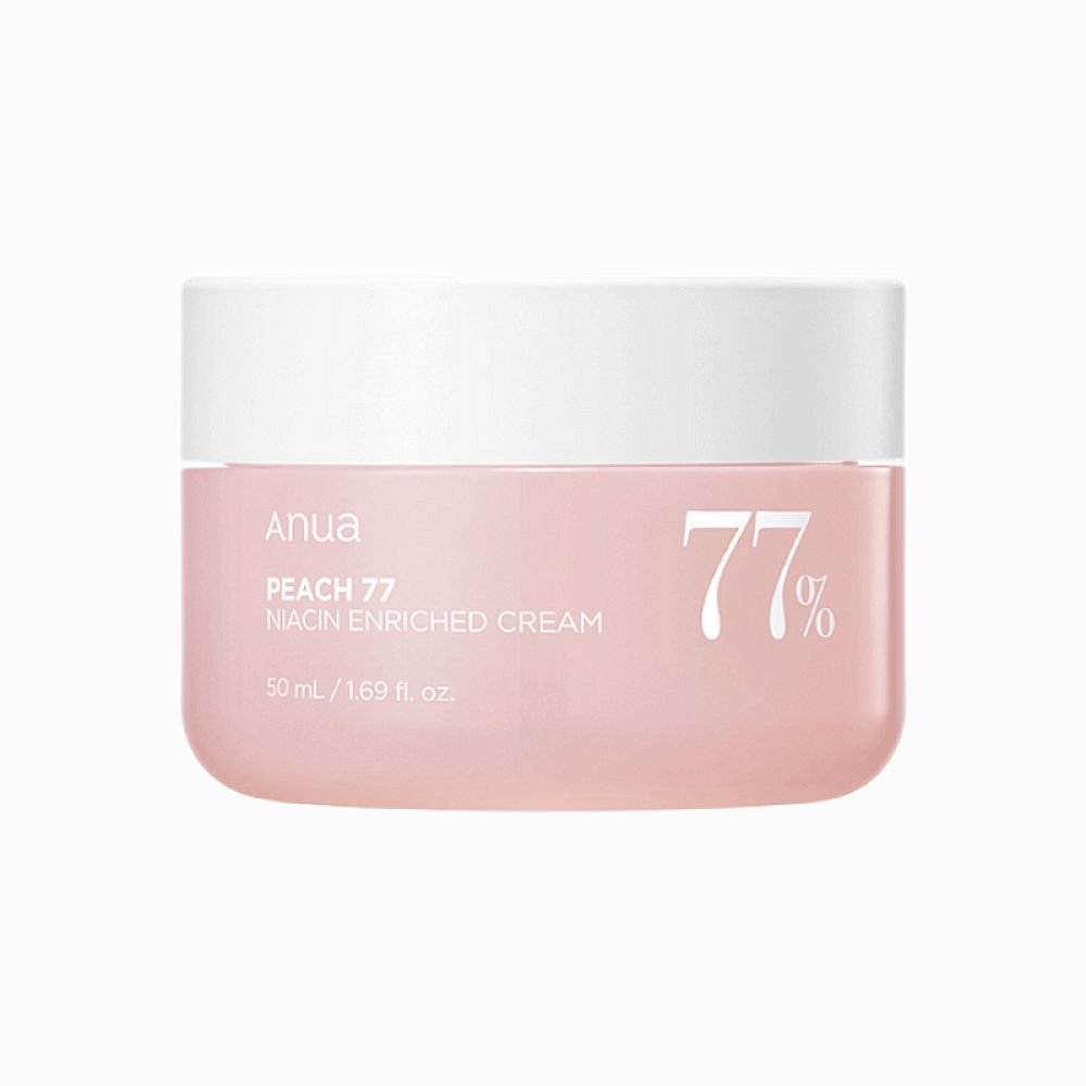 Rosa Creme-Dose mit weißem Deckel. Aufschrift: Anua, Peach 77 % Niacin Enriched Cream, 77 %, 50 ml / 1.69 fl. oz.