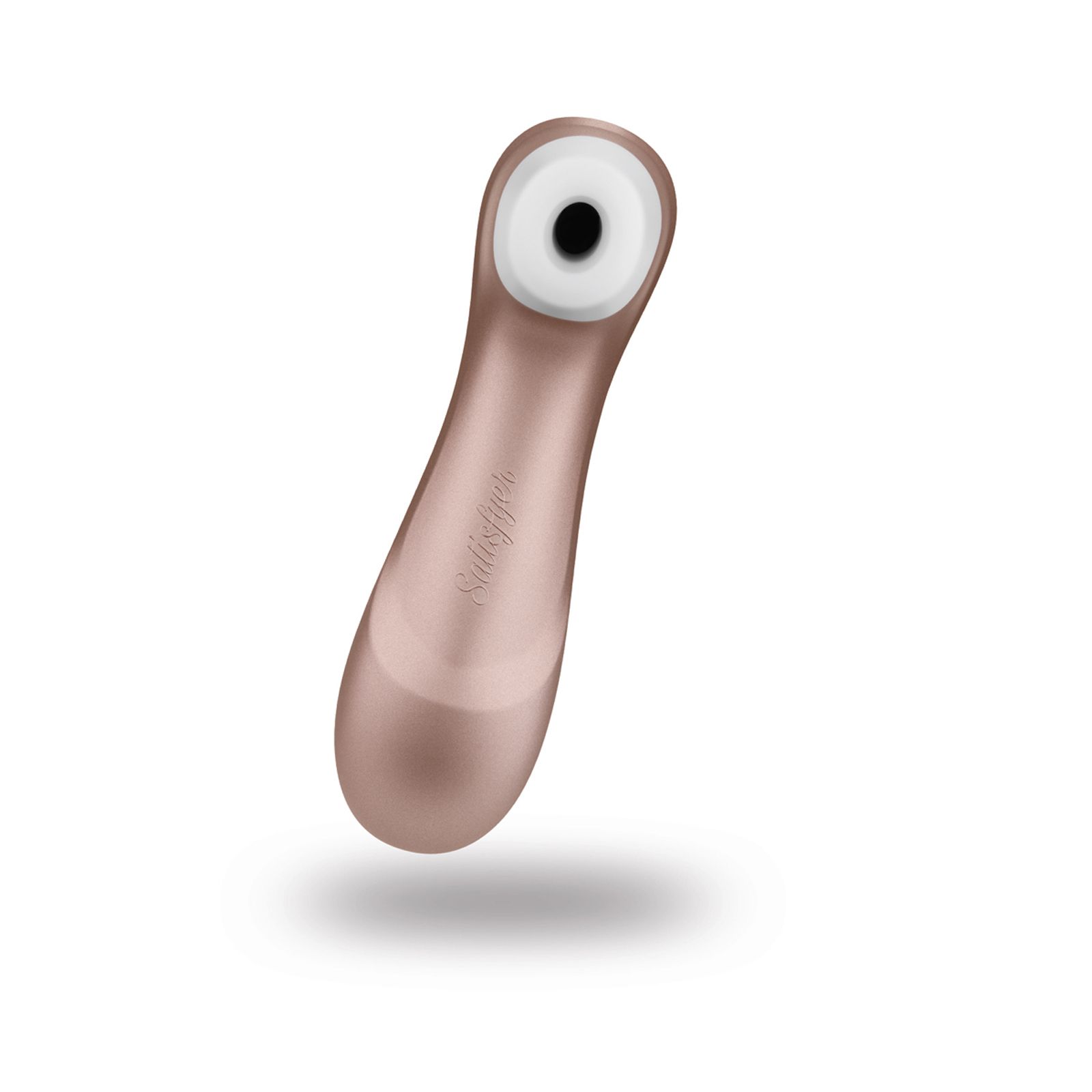 Vibratore rosa con estremità bianca. Forma ovale. Estremità con foro nero. Scritta.