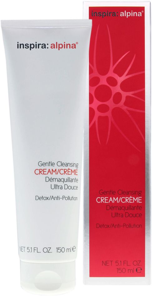 Weiße Tube mit roter Schrift. Enthält Gentle Cleansing CREAM/CRÈME. Auf der Verpackung steht inspira: alpina. 150 ml.