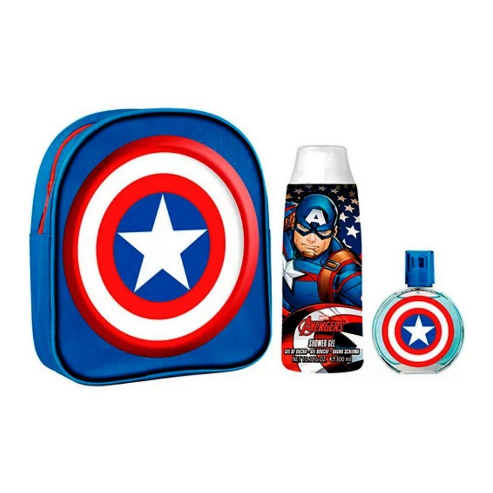 Set mit drei Artikeln. Blauer Rucksack mit Captain America Schild. Duschgel mit Captain America. Eau de Toilette mit Schild.