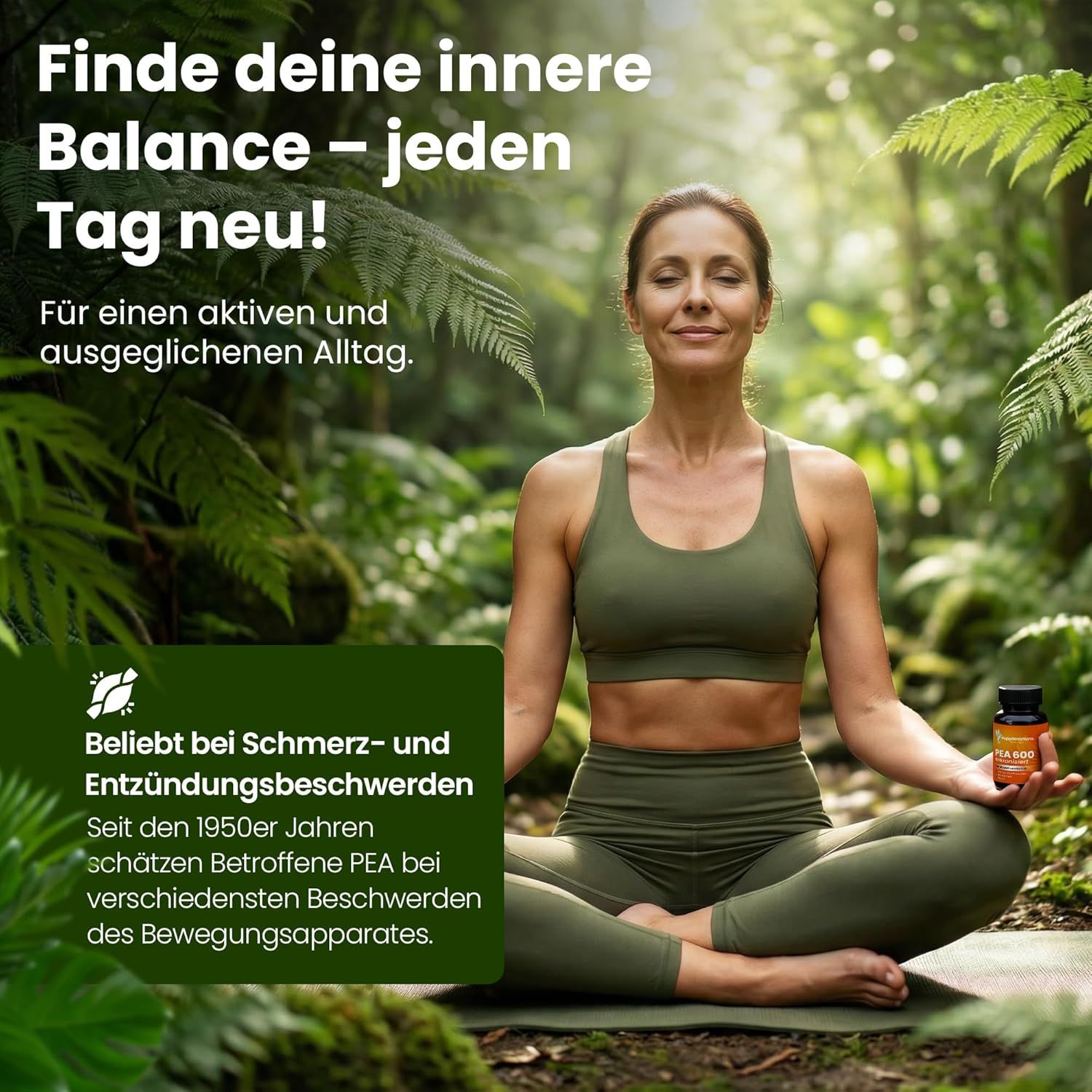 Frau in Yoga-Pose mit Kapsel-Dose. Text: Finde deine innere Balance. Beliebt bei Schmerz- und Entzündungsbeschwerden.