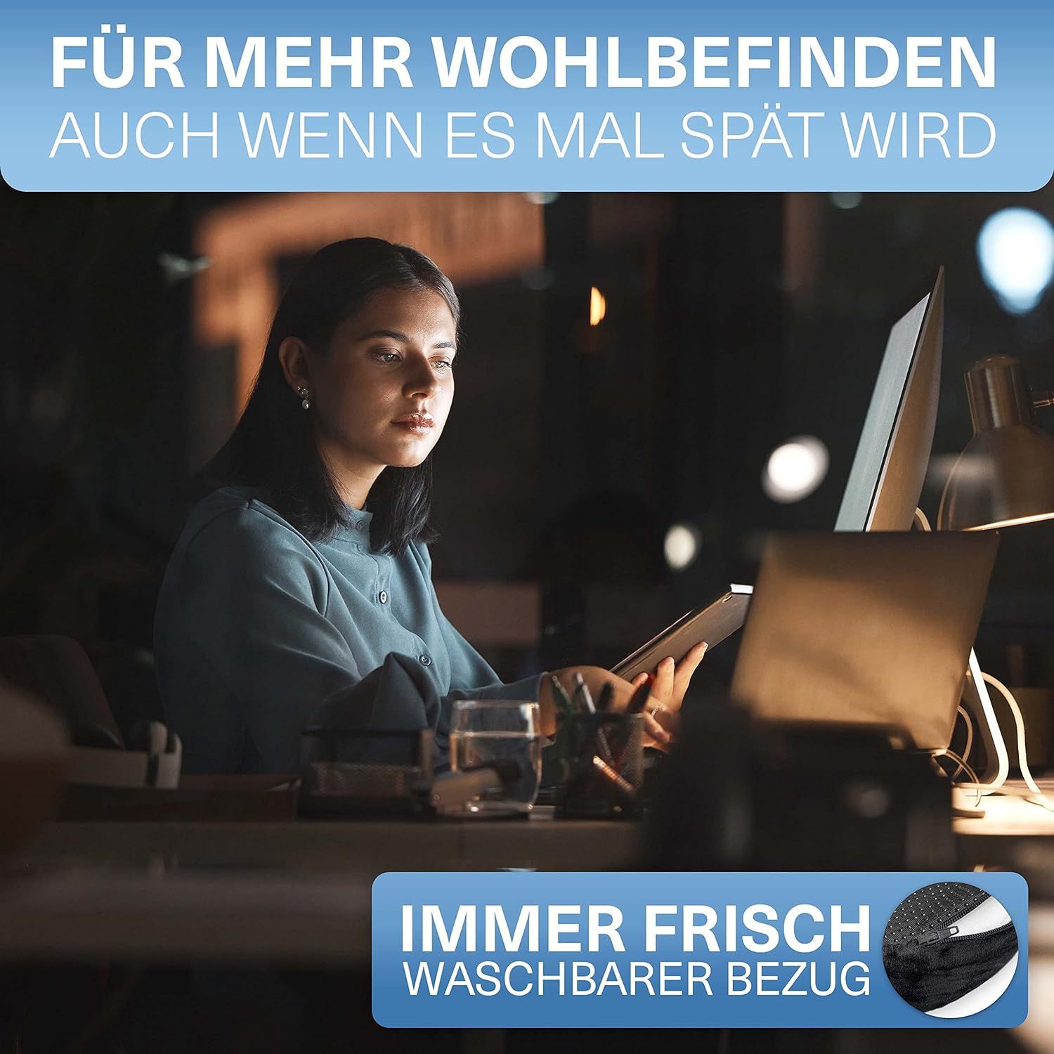 Frau arbeitet am Computer. Text: Immer frisch, waschbarer Bezug. Produkt im Hintergrund.