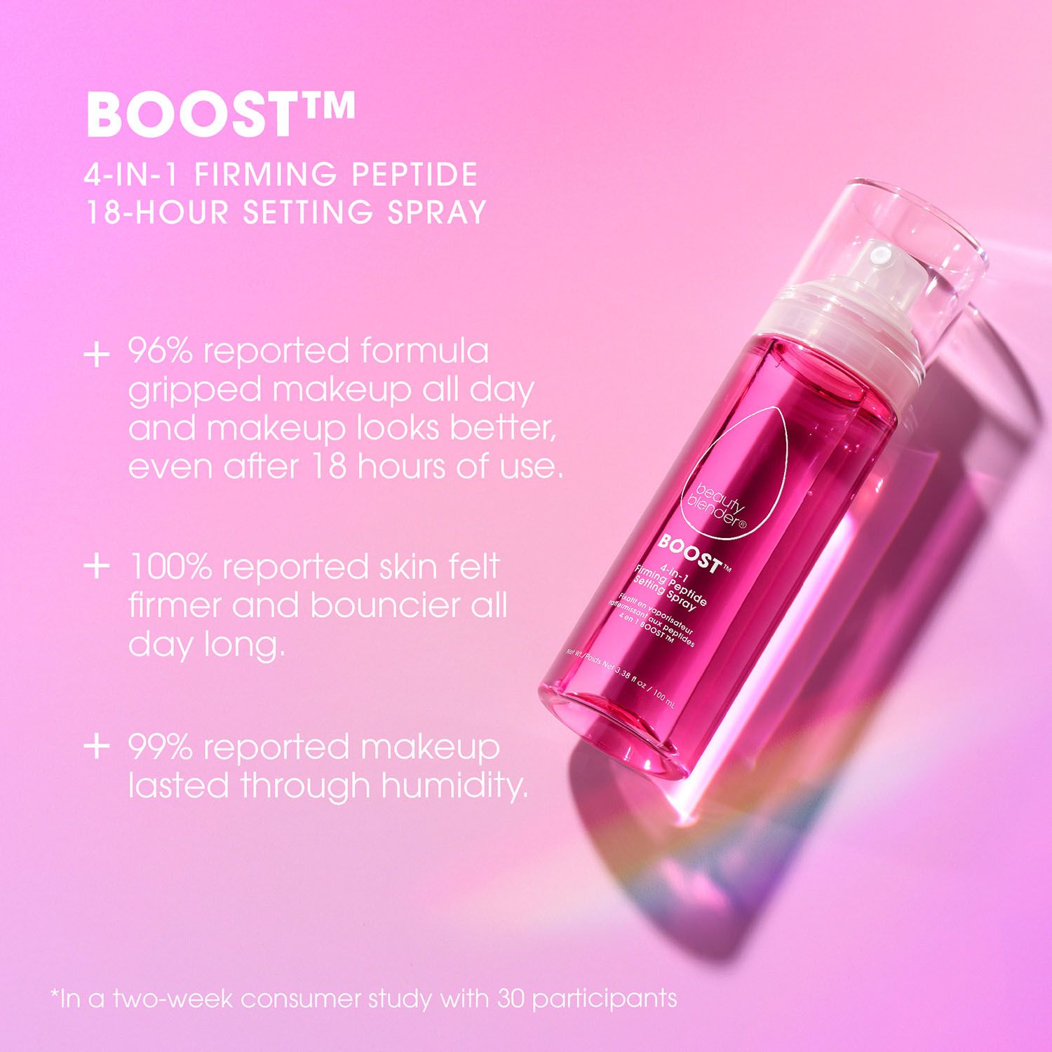 Rosa Flasche mit Sprühkopf. Text: BOOST 4-IN-1 Firming Peptide Setting Spray. Angaben zu Wirksamkeit und Inhaltsstoffen.