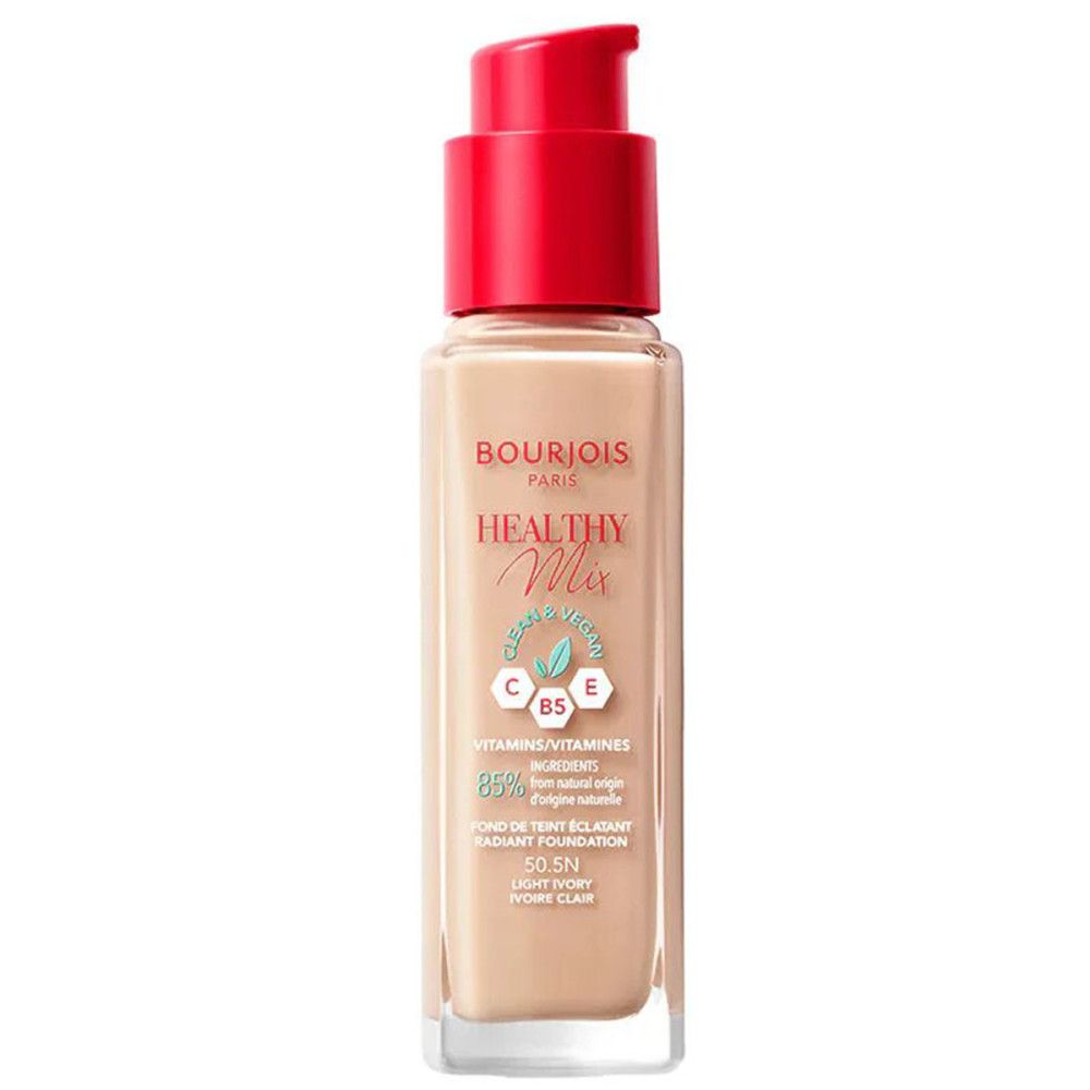 Bourjois Healthy Mix Clean Foundation, Flasche mit rotem Pumpdeckel. Aufschrift: 50.5N Light Ivory.