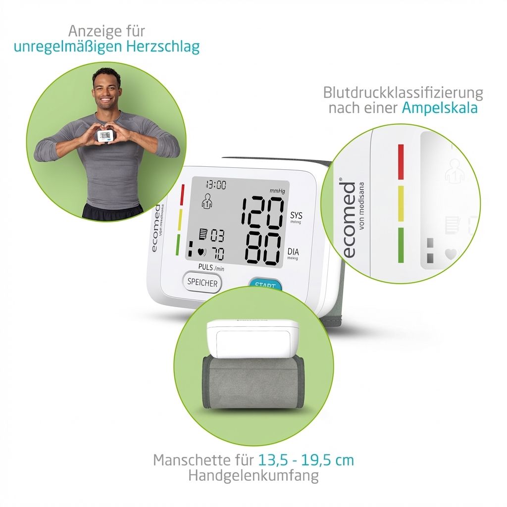 Ecomed Handgelenk-Blutdruckmessgerät mit Manschette (13.5-19.5 cm) und Anzeige für unregelmäßigen Herzschlag.