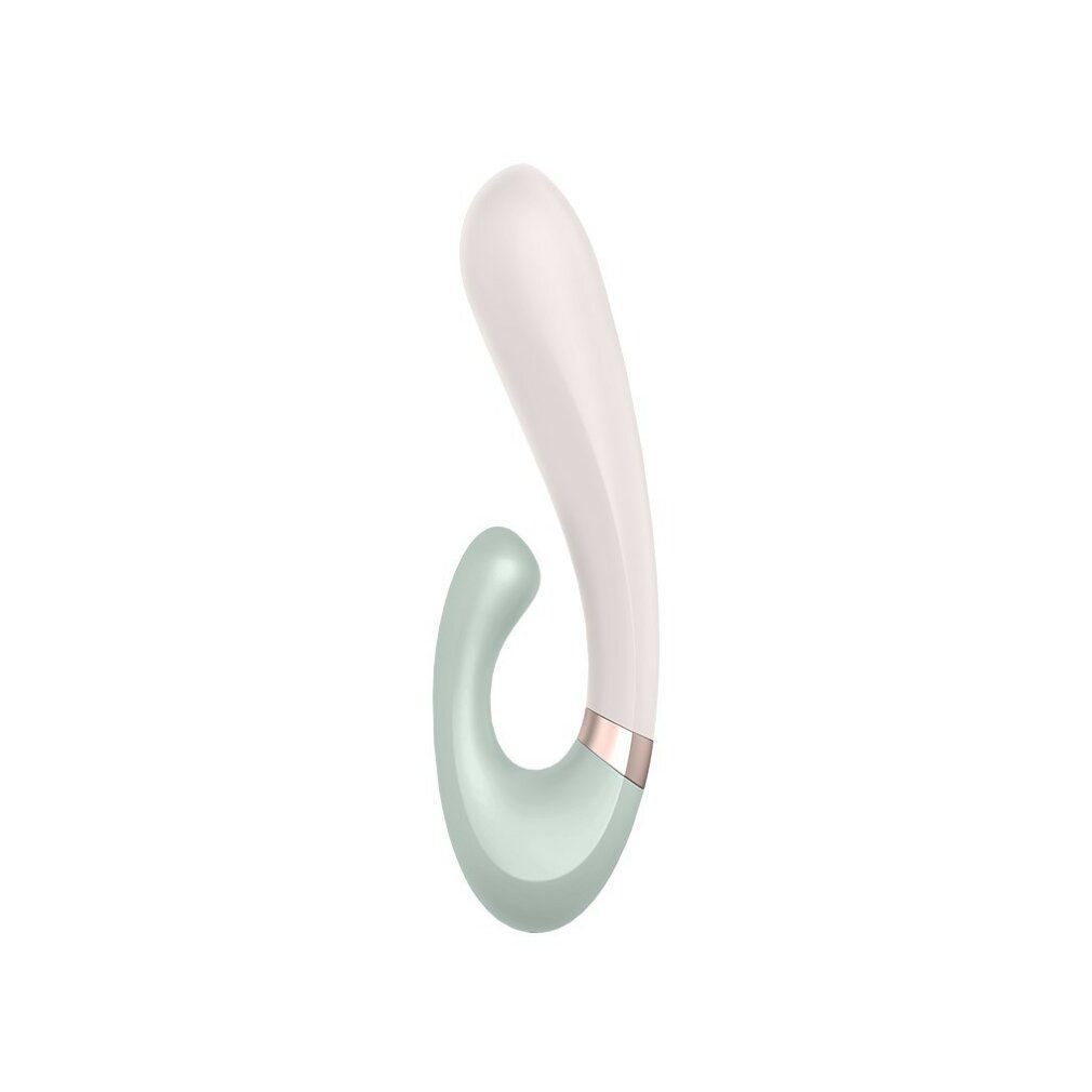 Vibrator. Weiß-grüne Form mit gebogener Spitze und Ring. Goldfarbener Ring am Übergang. Seitenansicht.