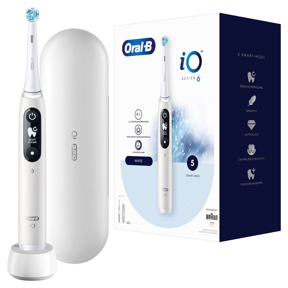 Elektrische Zahnbürste iO Series 6, weiß, mit Ladestation und Reiseetui. Verpackung mit Produktabbildung und Logos.