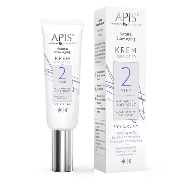 Weiß-silberne Tube und Schachtel. Auf der Tube steht APIS, Natural Slow Aging, Augencreme. Auf der Schachtel steht KREM POD OCZY, 2 STEP, EYE CREAM.