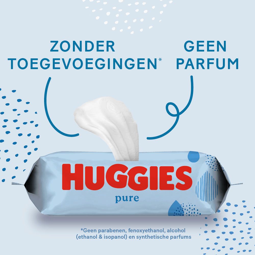Packung Huggies Pure Feuchttücher. Blaue Verpackung mit Produktinformationen und geöffneten Tüchern.
