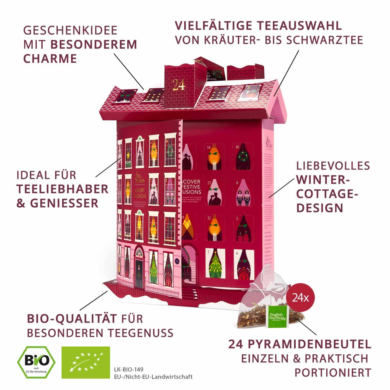 Adventskalender in Hausform mit 24 Türchen, BIO-Siegel und Teebeuteln. Bietet eine Auswahl an Teesorten.