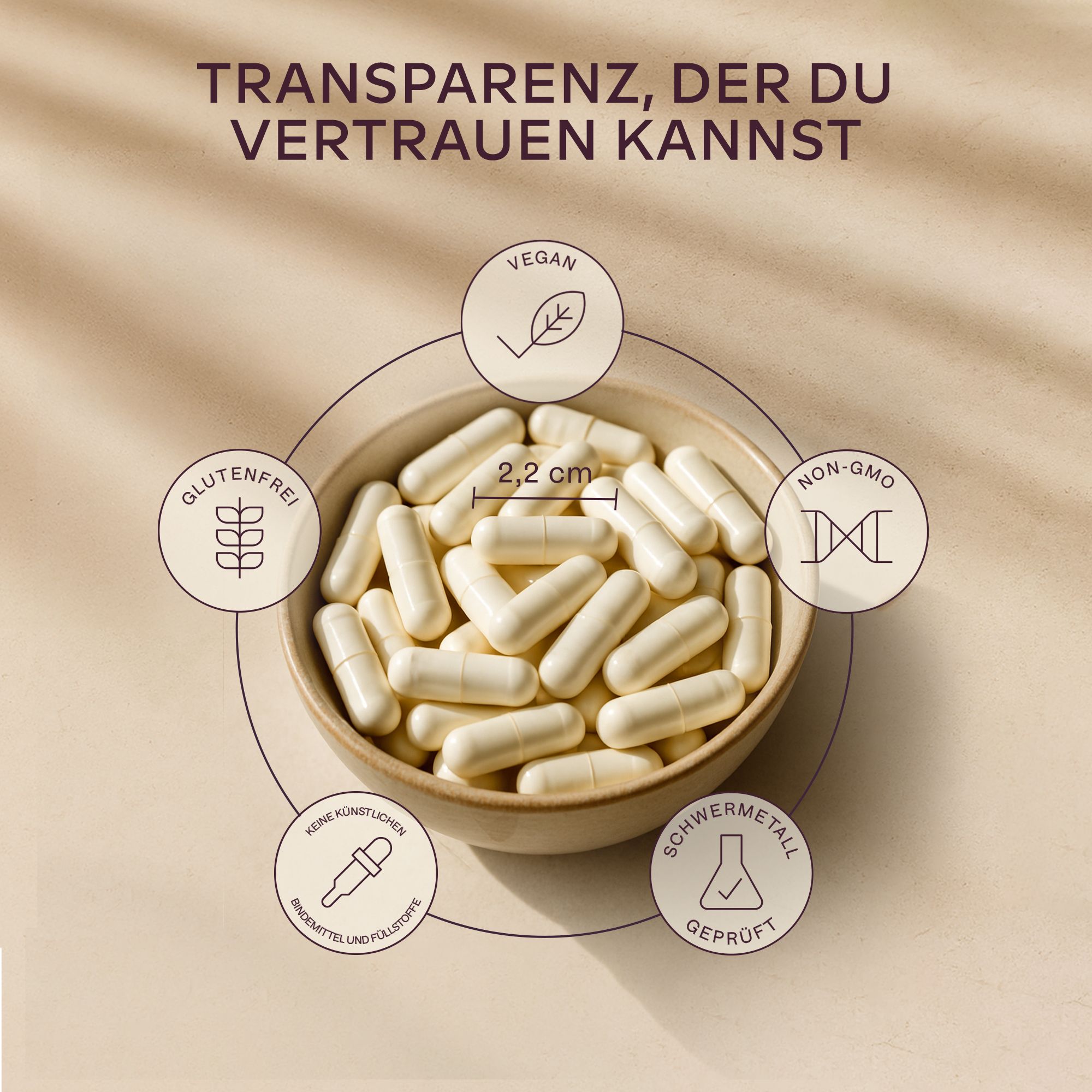 Kapseln in einer Schale. Symbole für Vegan, Glutenfrei, Non-GMO, etc. 2,2 cm.
