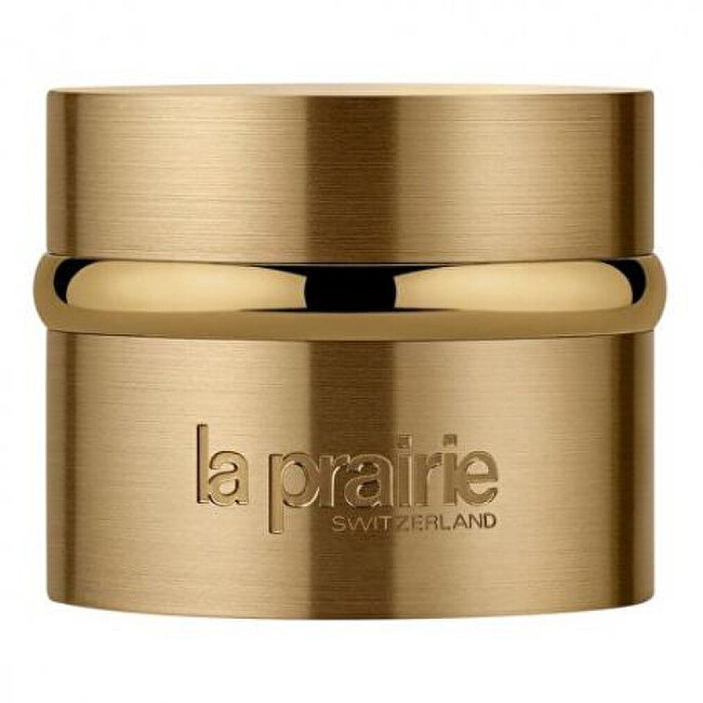 Goldfarbener Tiegel mit Deckel. Auf der Vorderseite steht "la prairie SWITZERLAND".