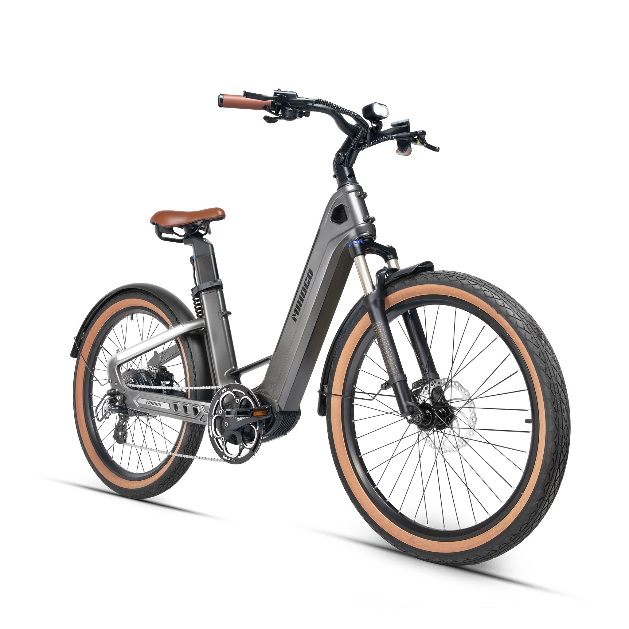 E-Bike, grauer Rahmen, braune Reifen und Sattel. Schwarzer Lenker. MIHOGO AIR MAX.