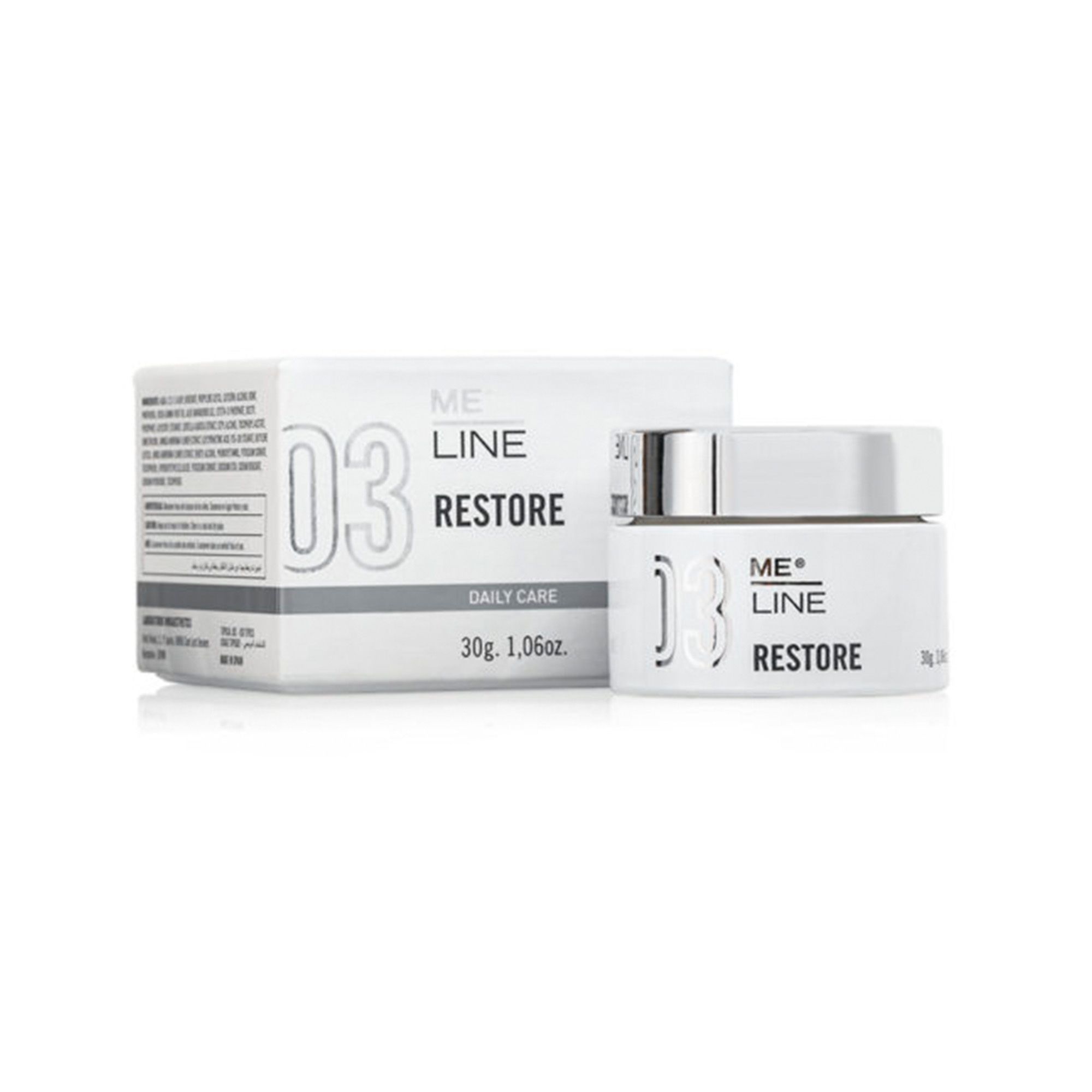Creme und Verpackung. Aufschrift: ME LINE RESTORE 03. Tagespflege. 30g, 1.06oz. Weißes Design mit silbernem Deckel.