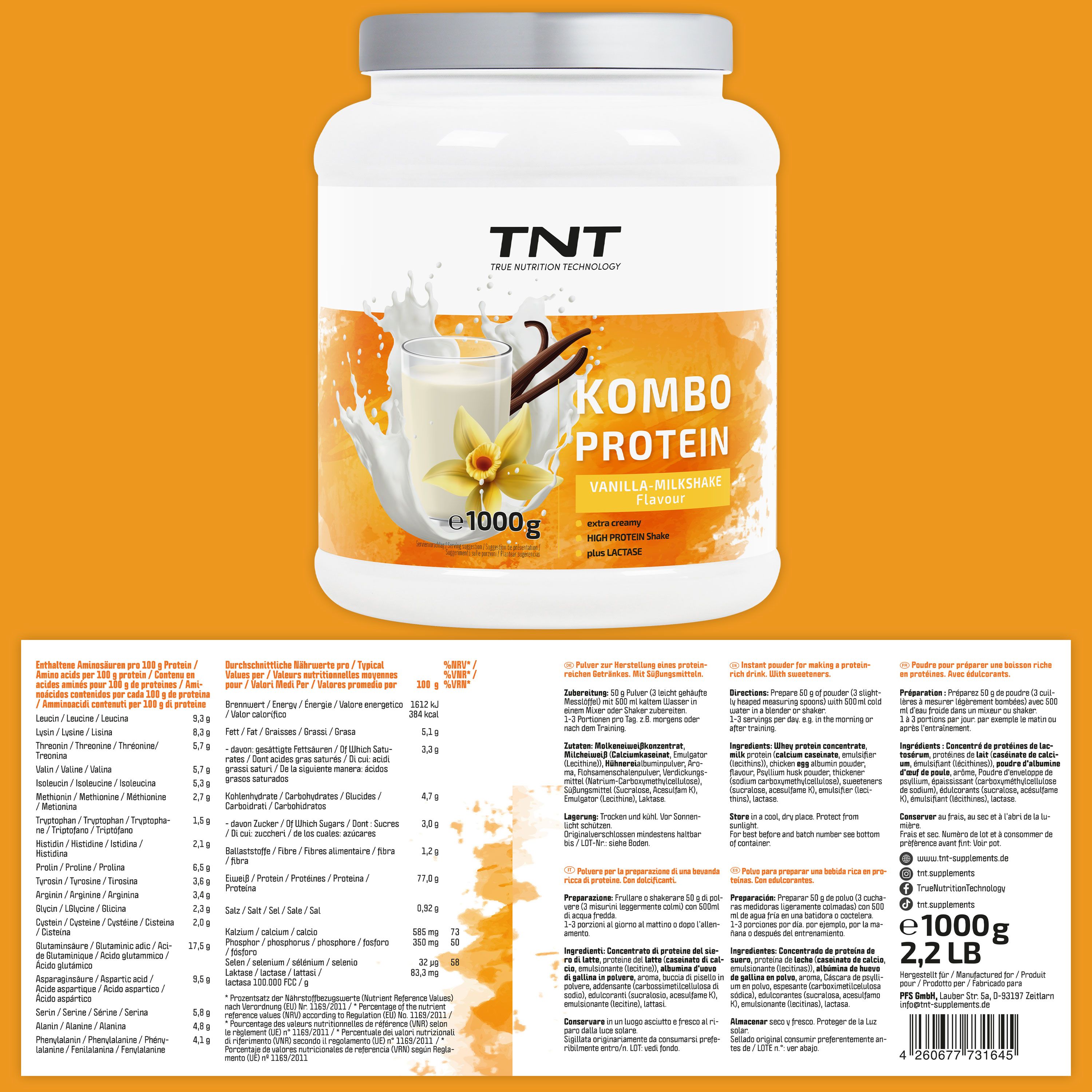 Weißer Behälter mit Kombo Protein-Etikett. Nährwertangaben auf dem Etikett. Aufschrift: Kombo Protein. Vanille-Milchshake-Geschmack.