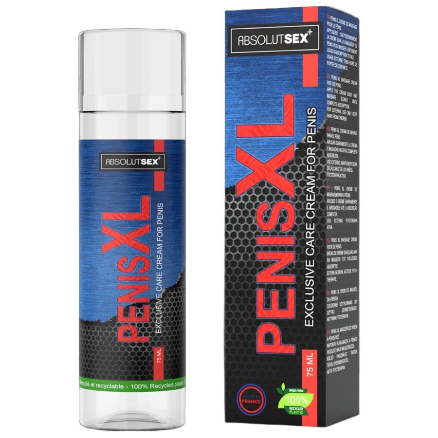 Creme-Tube und Schachtel. Aufschrift: PENIS XL, ABSOLUTSEX+. Exklusive Pflegecreme für Penis. 75 ml.
