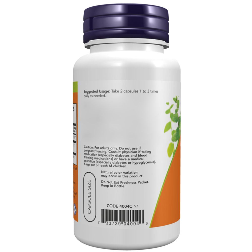 Rückseite der Flasche. Aufkleber mit Anwendungshinweisen und Warnhinweisen. Code 4004C. Marke: NOW Foods. Text in Englisch.