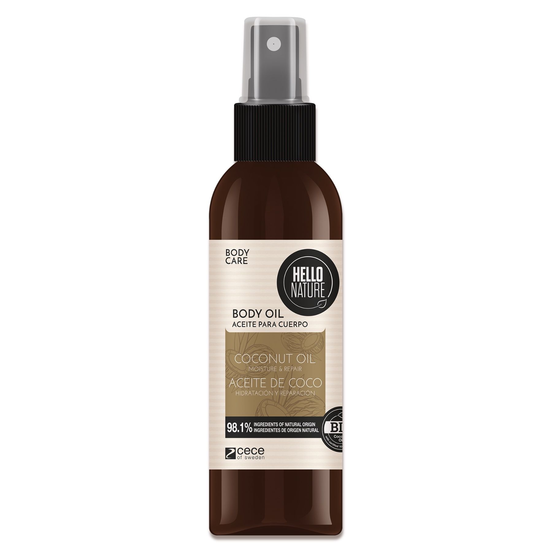 Braune Flasche Body Oil mit Sprühkopf. Aufschrift: Body Oil, Kokosöl. 98,1% Inhaltsstoffe natürlichen Ursprungs. Bio-Siegel.