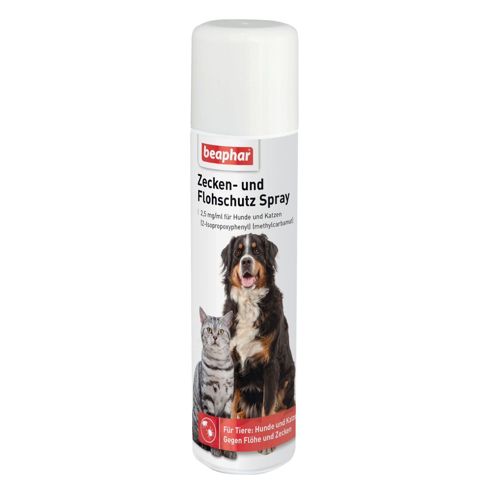 Beaphar Zecken- und Flohschutz Spray. Dose mit Etikett, Hund und Katze abgebildet. Text: Für Tiere, Hunde und Katzen gegen Flöhe und Zecken.