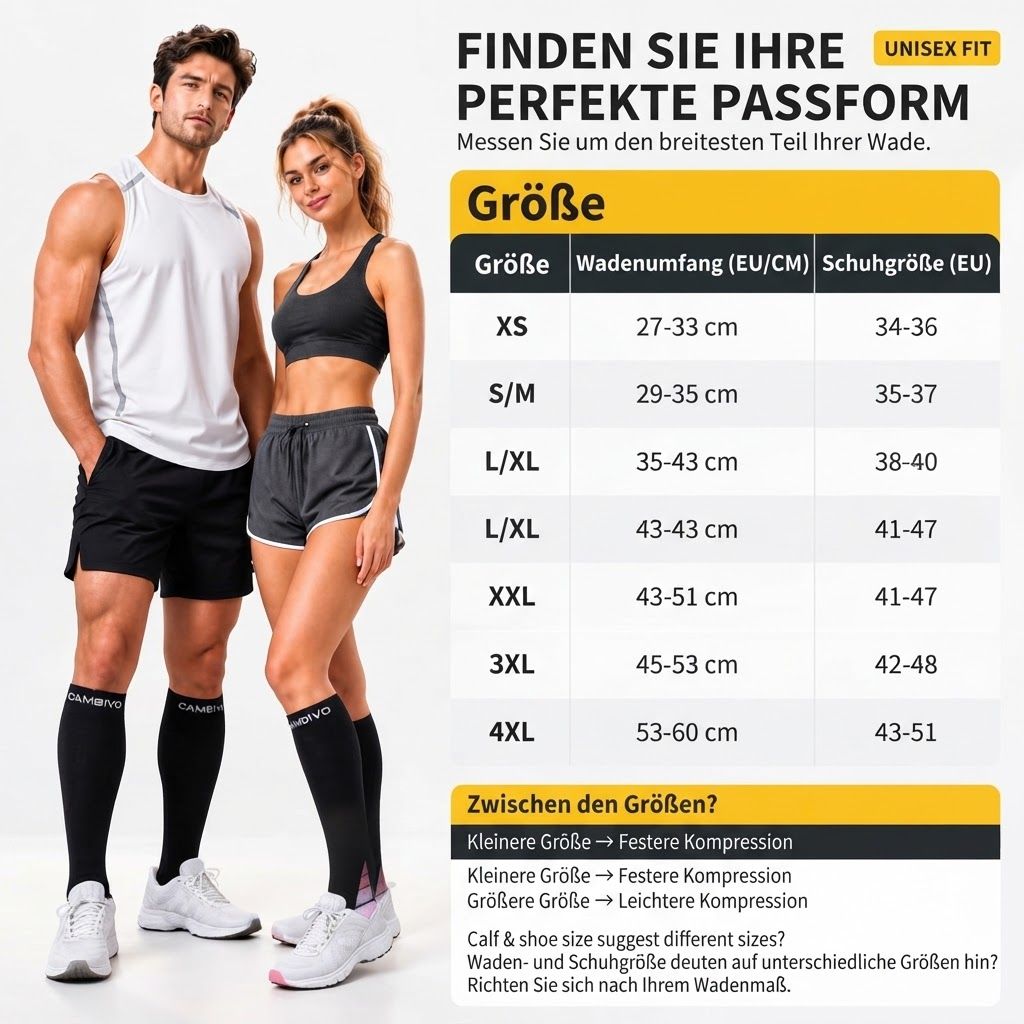 Ein Paar Kompressionsstrümpfe in Schwarz, aus verschiedenen Blickwinkeln gezeigt.