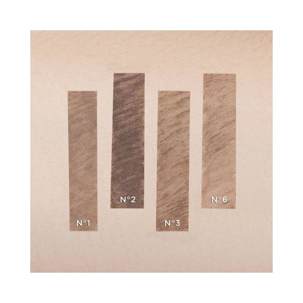 Vier Farbmuster des Artdeco Brow Filler. Die Farbtöne sind von hell bis dunkelbraun. Nummerierung von 1 bis 6.