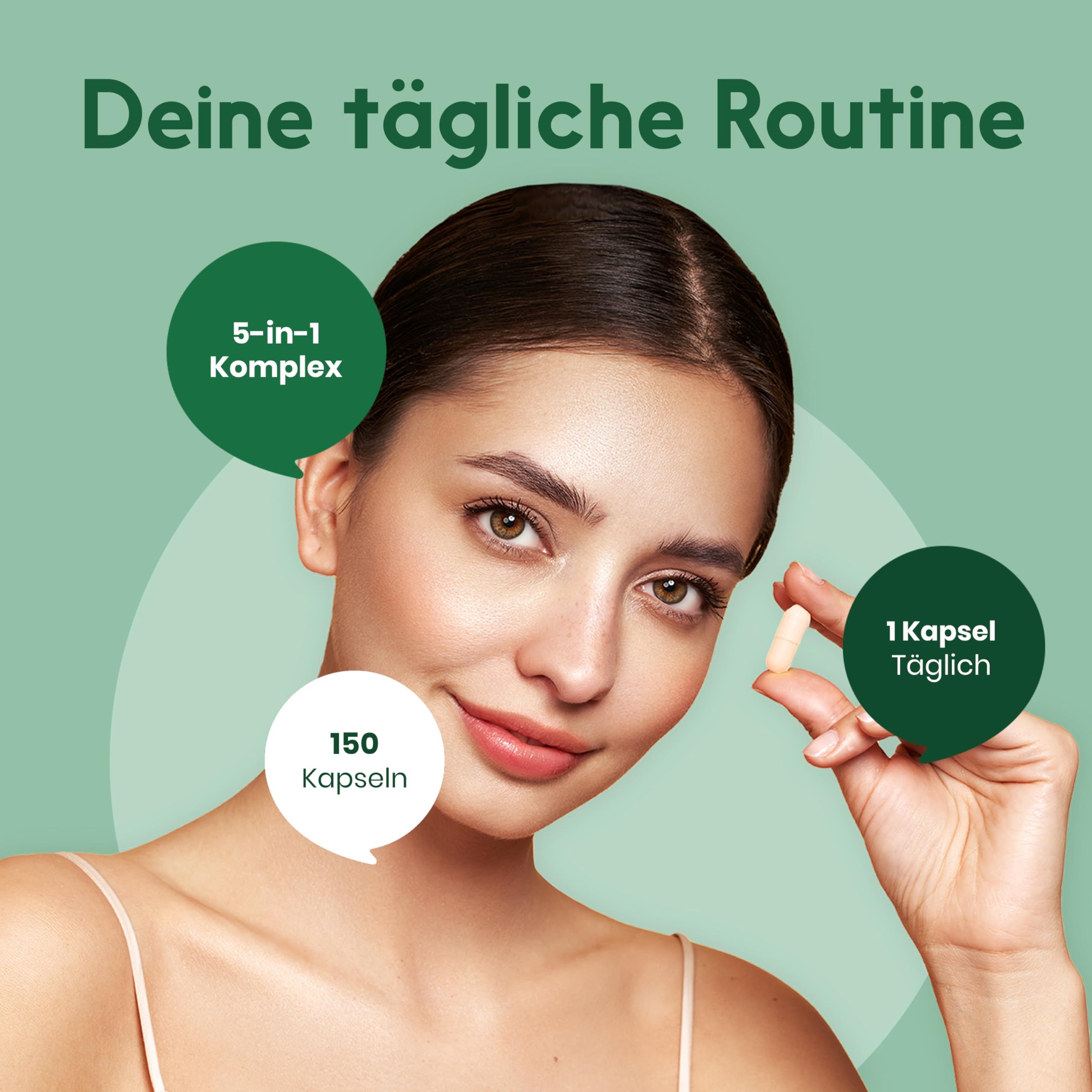 Frau hält eine Kapsel. Text: 5-in-1 Komplex, 150 Kapseln, 1 Kapsel täglich. Aufschrift: Deine tägliche Routine.
