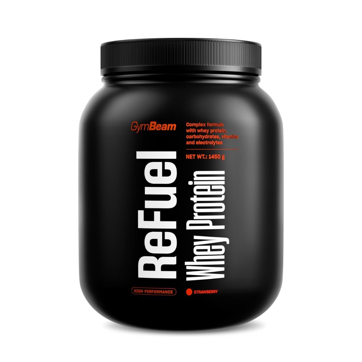 Schwarzer Behälter mit GymBeam ReFuel Whey Protein Pulver, Erdbeergeschmack.