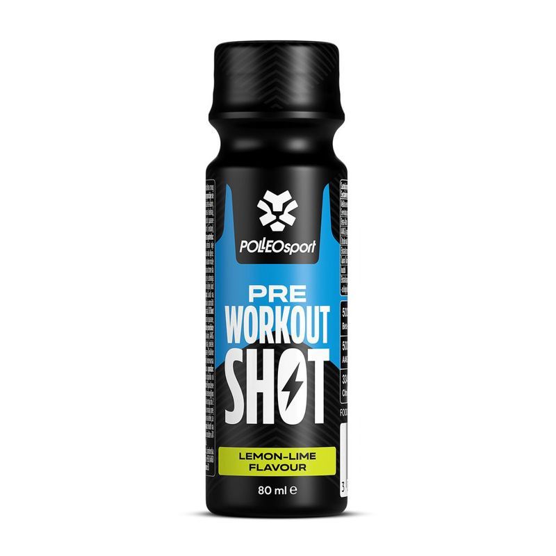 Schwarze Flasche mit blauem Etikett. Aufschrift: PRE WORKOUT SHOT. Logo: POLEOsport. Geschmack: Lemon-Lime. Volumen: 80 ml.