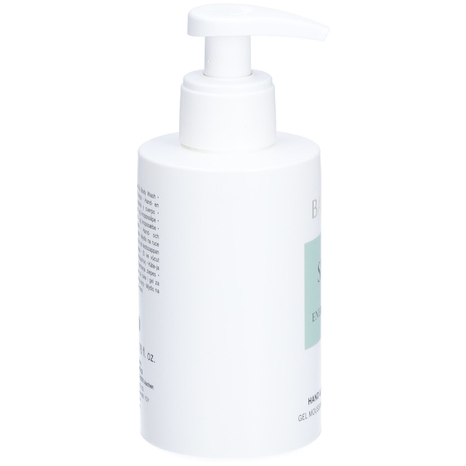 Weiße Flasche mit Pumpverschluss. Aufschrift: BABOR SPA Energizing. Hand & Body Wash.