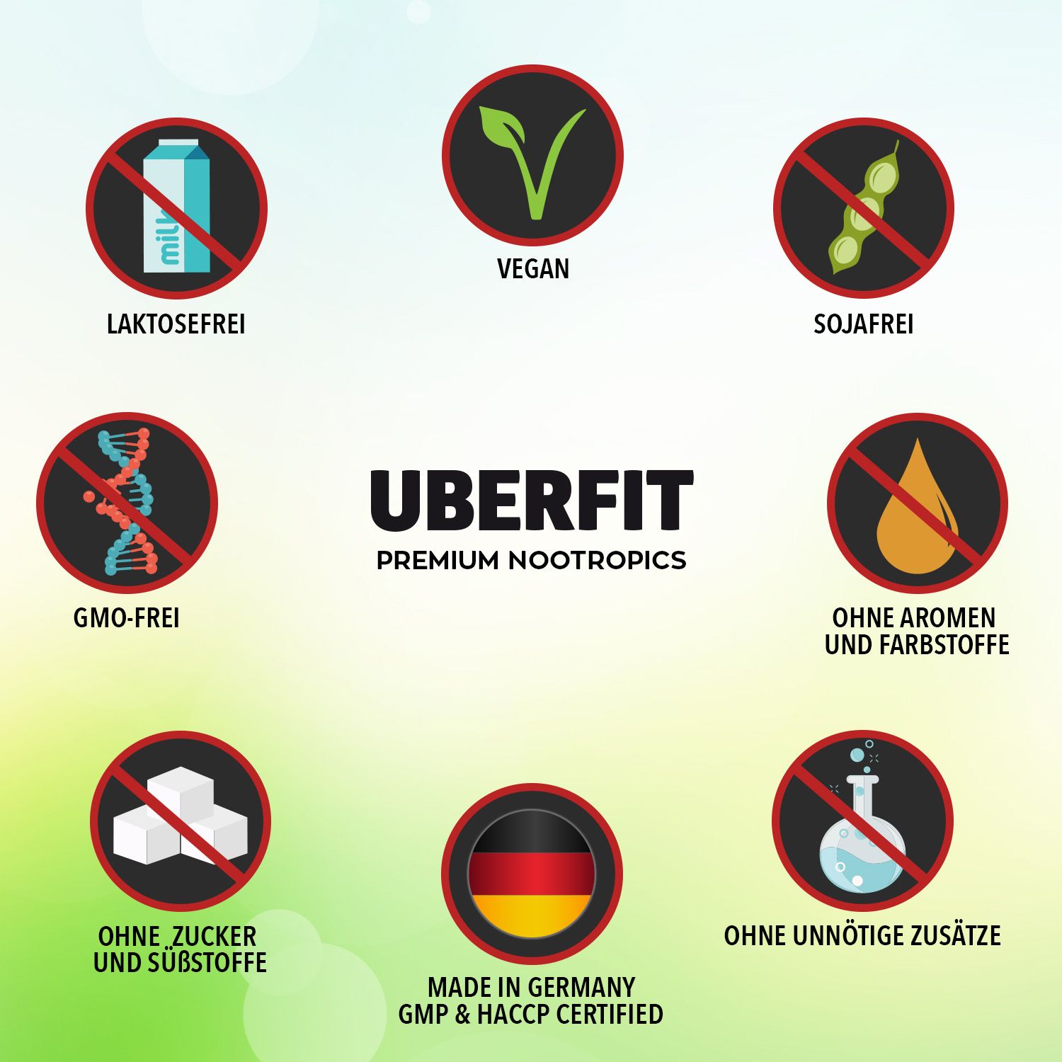 Sieben Symbole mit Text: Laktosefrei, Vegan, Sojafrei, GMO-frei, Ohne Aromen und Farbstoffe, Ohne Zucker und Süßstoffe, Ohne unnötige Zusätze. Made in Germany.