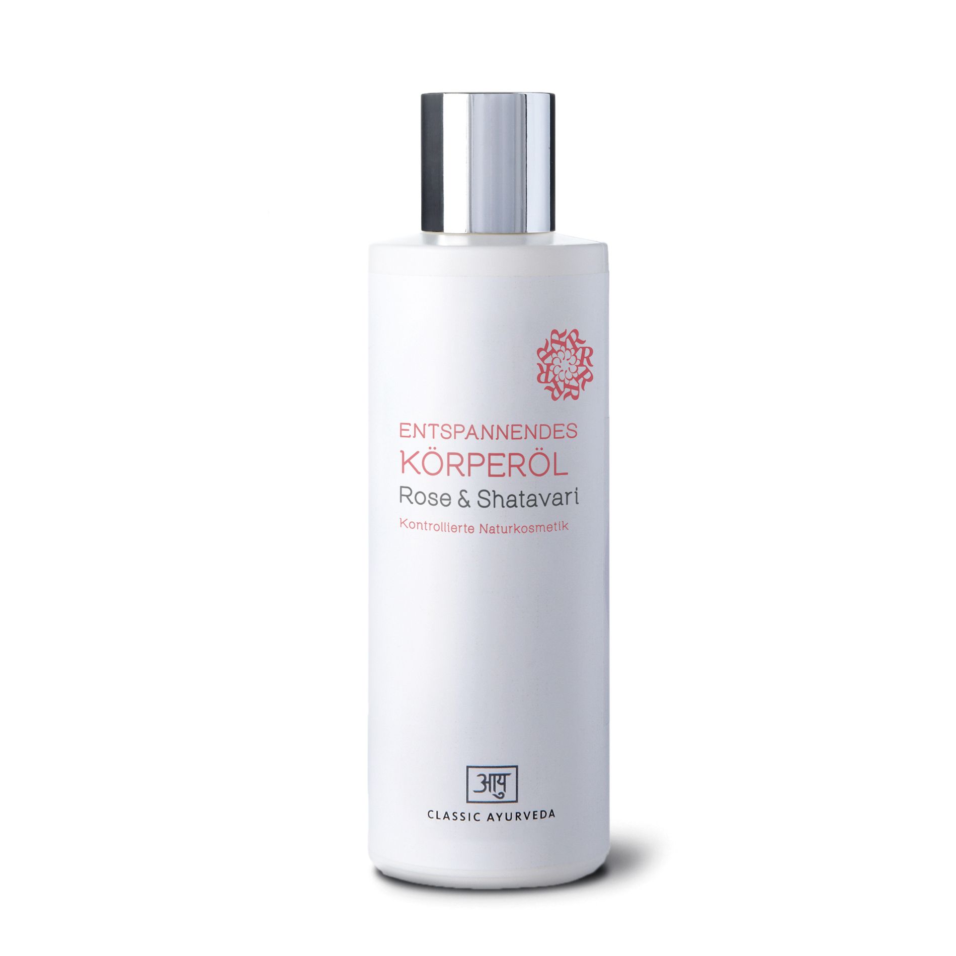 Weiße Flasche mit silbernem Deckel. Aufschrift: Entspannendes Körperöl, Rose & Shatavari. Logo und COSMOS ORGANIC Siegel.