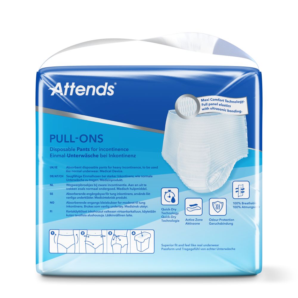 Attends Pull-Ons. Einmal-Unterwäsche für Inkontinenz. Blaue Verpackung. Enthält Informationen zu Größen und Technologien wie Quick Dry.