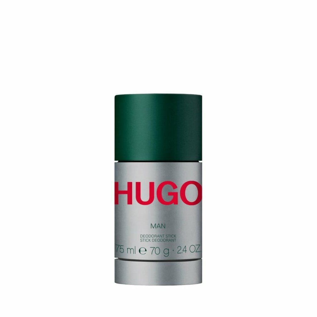 Deodorant-Stick. Grün-silberne Verpackung. Roter Schriftzug HUGO MAN. Text: Deodorant Stick, 75ml-70g-2.4oz.