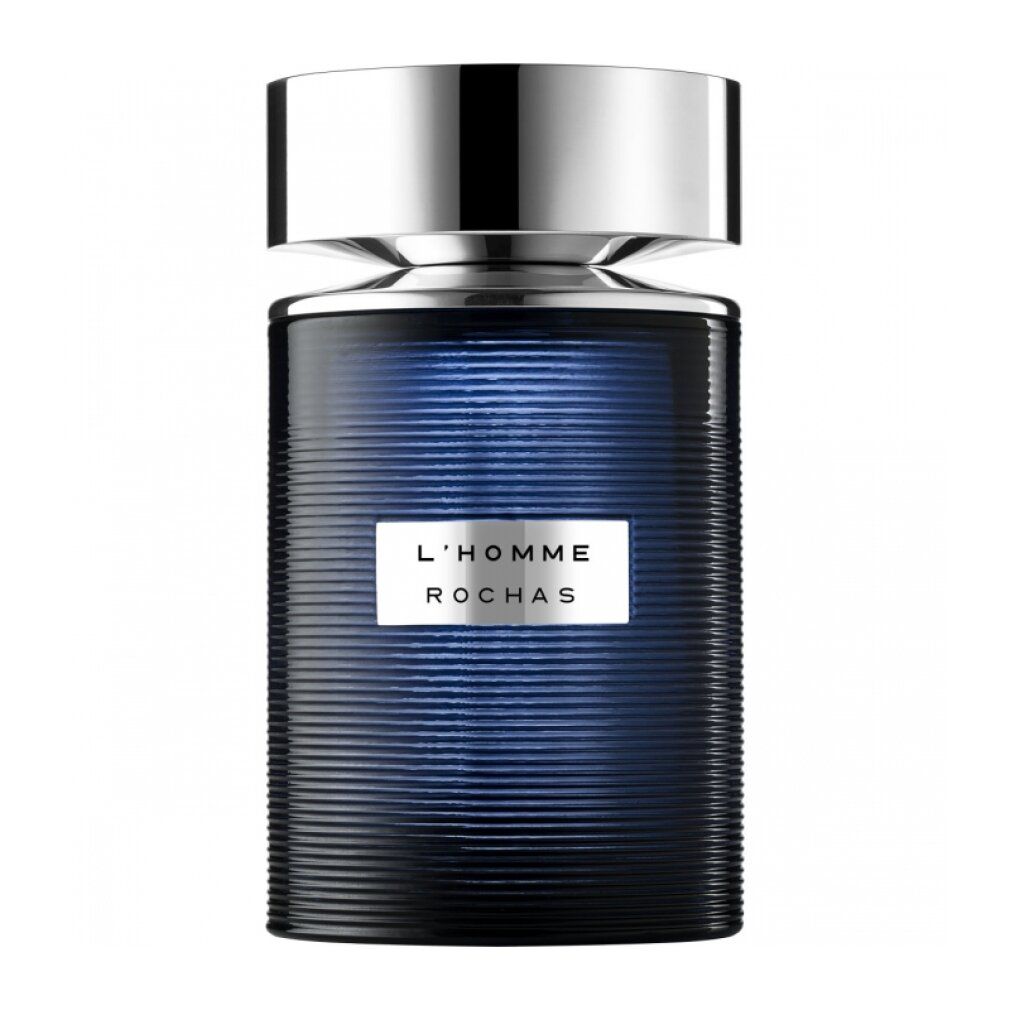 Blauer Glasflakon mit silbernem Deckel. Aufschrift: L'HOMME ROCHAS. Geriffelte Textur.