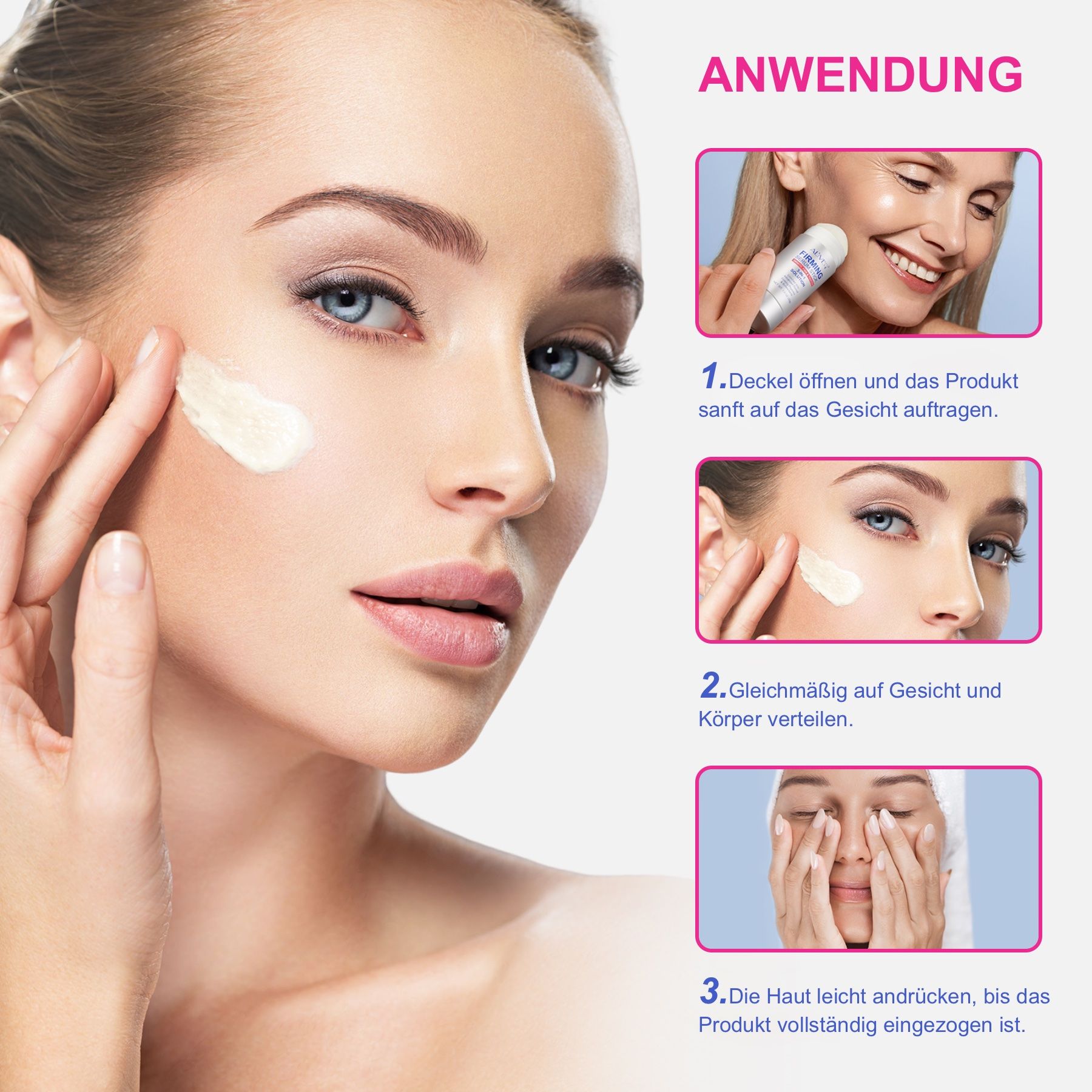 Anwendung: Frau trägt Serum auf. 1. Deckel öffnen. 2. Auf Gesicht verteilen. 3. Einklopfen.
