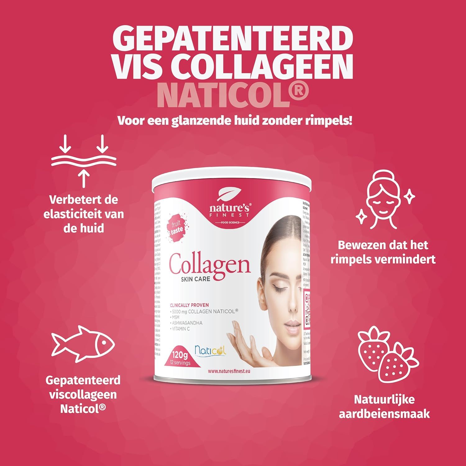 Pot "Kollagen SkinCare". Tekst: "GEPATENTEERD VIS COLLAGEEN NATICOL®". Verbetert huidelasticiteit, vermindert rimpels.