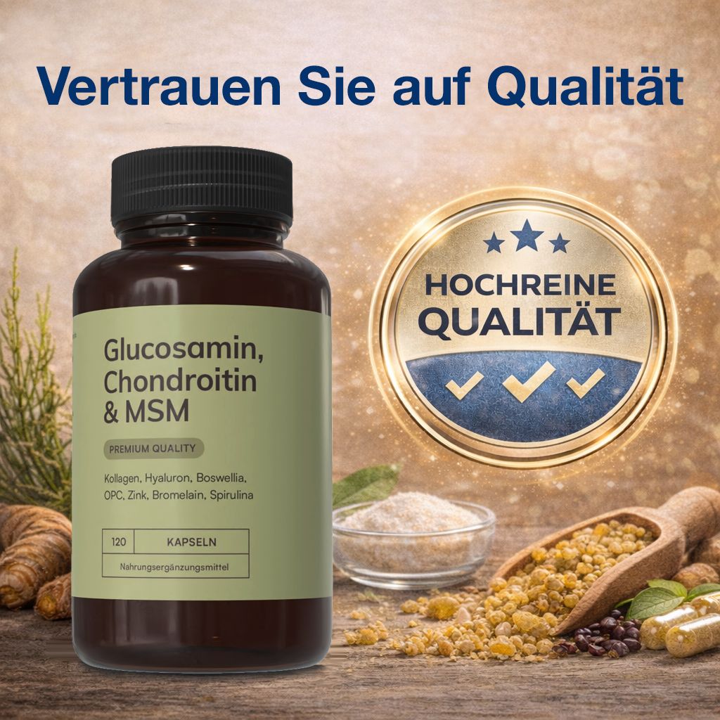 Braune Flasche mit Kapseln. Aufschrift: Glucosamin, Chondroitin & MSM. 120 Kapseln. Premium Quality. Hochreine Qualität.
