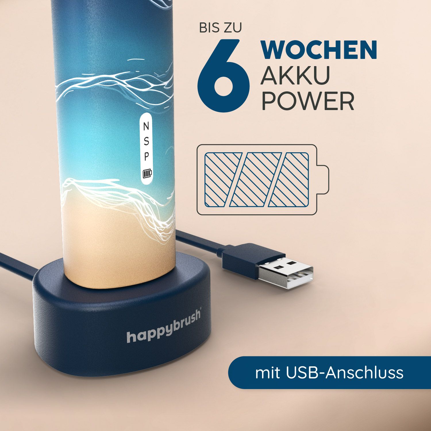 Blaue Schallzahnbürste auf einer Ladestation mit USB-Anschluss. Die Zahnbürste hat ein blaues Design mit Wellenmuster. Die Ladestation ist blau.