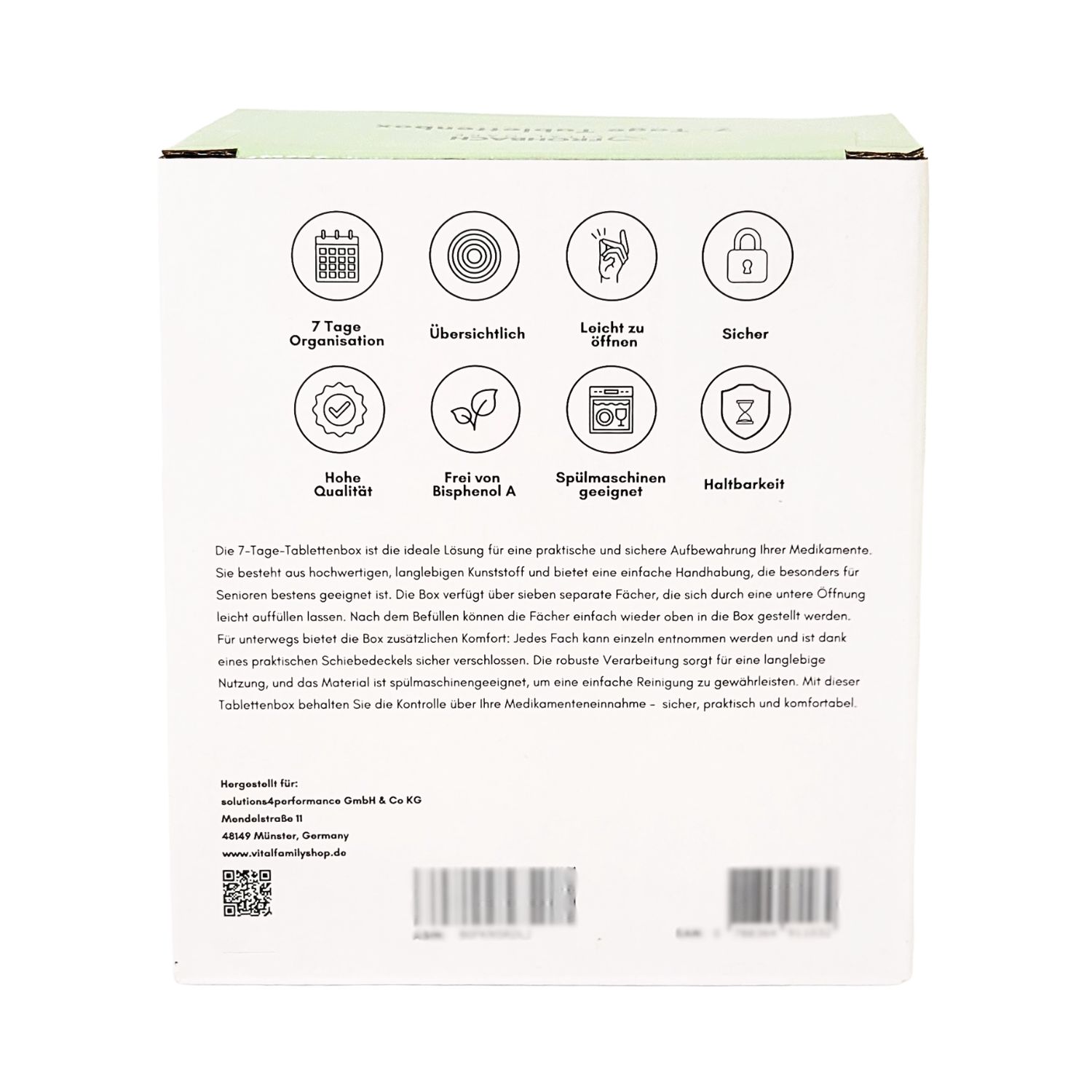Rückseite der Frohbach 7-Tage-Tablettenbox-Verpackung. Enthält Informationen zu Organisation, Qualität, BPA-frei, spülmaschinengeeignet und Haltbarkeit.