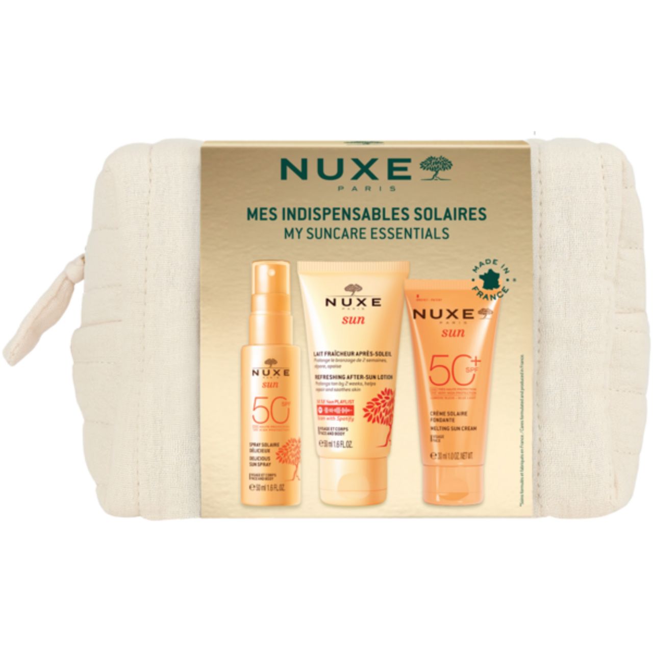 Drei Sonnenpflegeprodukte und eine Kosmetiktasche. Die Produkte sind orangefarben und tragen den Markennamen NUXE Sun.